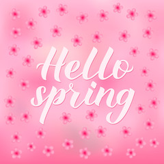 Hello spring calligraphy lettering on gradient pink background with cherry blossom. Inspirational season quote typography poster. Floral vector illustration for banner, invitation, greeting card, etc.