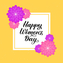 Happy Women’s Day calligraphy lettering with colorful spring flowers.  International womens day party invitations, poster, banner, greeting cards, etc. Origami paper cut style vector illustration.