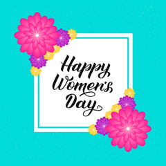 Happy Women’s Day calligraphy lettering with colorful spring flowers. Origami paper cut style vector illustration. International womens day party invitations, banner, poster,greeting cards, etc.