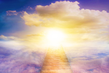 Light in dark sky . Stairs in sky . Religion for the person . Way to heaven  . Religious background...