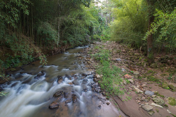 view of a river in the mountains at sunset - long exposure
