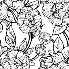 Peony flower seamless pattern line drawing. Vector hand drawn engraved floral background Black ink sketch. Great for invitation card, fabric, print and decorations