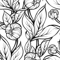 Peony flower seamless pattern line drawing. Vector hand drawn engraved floral background Black ink sketch. Great for invitation card, fabric, print and decorations