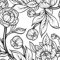 Peony flower seamless pattern line drawing. Vector hand drawn engraved floral background Black ink sketch. Great for invitation card, fabric, print and decorations