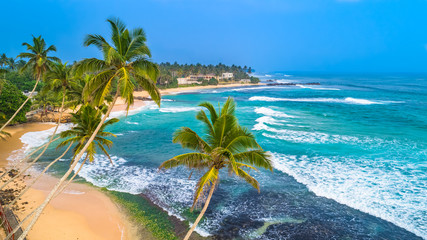 Aerial. Beach view in Unawatuna, Sri Lanka.