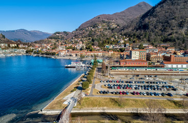 Aerial view of Laveno Mombello on the coast of lake Maggiore, province of Varese, Italy
