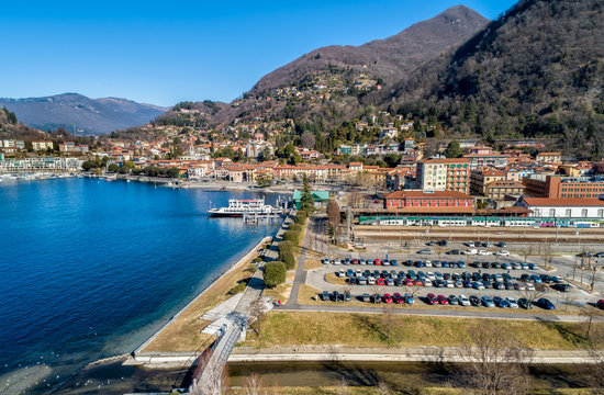 Aerial view of Laveno Mombello on the coast of lake Maggiore, province of Varese, Italy