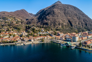 Aerial view of Laveno Mombello on the coast of lake Maggiore, province of Varese, Italy