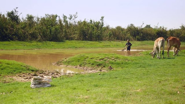 fisher using a push basket for dragging over the sandy bottom of the lake where clams are caught. The triangular wicker basket is attached to a bamboo pole split into two parts. 