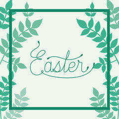 happy easter frame with handmade font and leafs