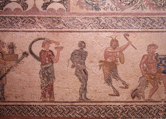 Fototapeta na wymiar ancient roman house floor mosaic showing part of the triumph of Dionysus story in kato park paphos cyprus