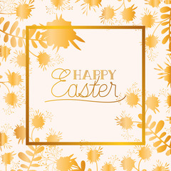 happy easter golden frame with hand made font and leafs