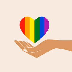 Hand with heart rainbow. LGBT heart. Love is love - pride slogan. Lgbt support, fight for gay rights. Isolated vector illustration.