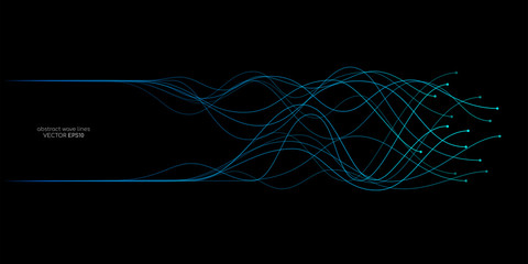 Vector wave lines flowing dynamic in blue green colors isolated on black background for concept of AI technology, music, sound