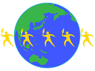 スポーツの国際的な大会をイメージしたイラスト。世界中を聖火リレーしている。