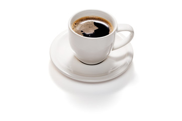 Close up photo of a coffee cup and saucer isolated on white background