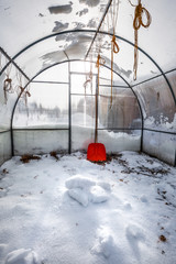 Polycarbonate greenhouse in winter. Western Siberia
