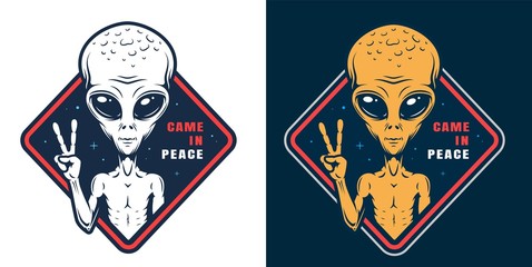 Alien showing peace sign colorful label - obrazy, fototapety, plakaty