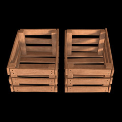 Wooden box for transportation and storage of products. Empty crate for fruits and vegetables. 3d render on black background.