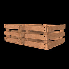Wooden box for transportation and storage of products. Empty crate for fruits and vegetables. 3d render on black background.