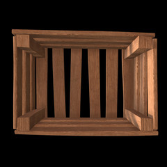 Wooden box for transportation and storage of products. Empty crate for fruits and vegetables. 3d render on black background.