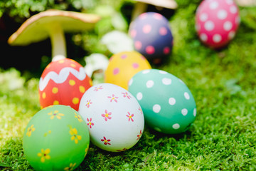 Beautiful Easter multi color egg on garden green grass