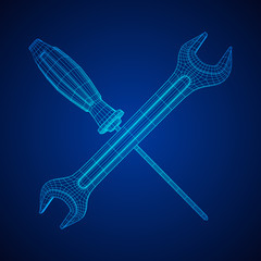 Wrench and screwdriver. Spanner repair tool. Mechanic or engineer instruments. Support service wireframe low poly mesh vector illustration