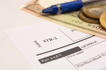 New Indian Taxation From ITR-2 Income tax Form with indian currency on isolated background