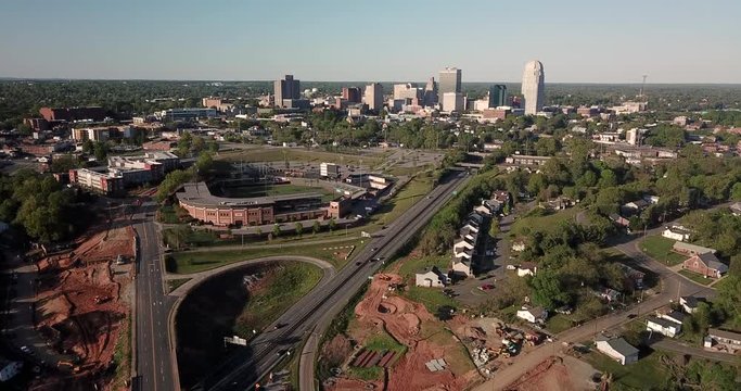 Aerial View Over Freeways Buildings of Winston Salem North Carolina