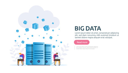 big data and analysis processing concept landing page template. cloud database service, server center room rack with interacting people character for banner, presentation, social or print media