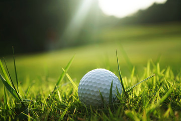 Blurred golf ball on tee in beautiful golf course with sunset. Golf ball close up in golf coures at Thailand