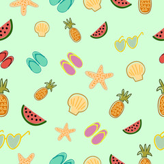 Seamless pattern with summer elements. Creative vector texture with watermelon, sunglasses, seashells, flip flops, pineapple