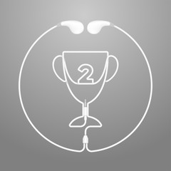 Trophy Cup Number two shape in circle frame made from cable Earphones, earbud type, Winner music concept illustration isolated on silver gradient background, with copy space vector eps 10