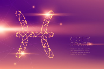 Pisces Zodiac sign wireframe polygon futuristic bokeh light frame structure and lens flare, Fortune teller concept design illustration isolated on purple gradients background with copy space