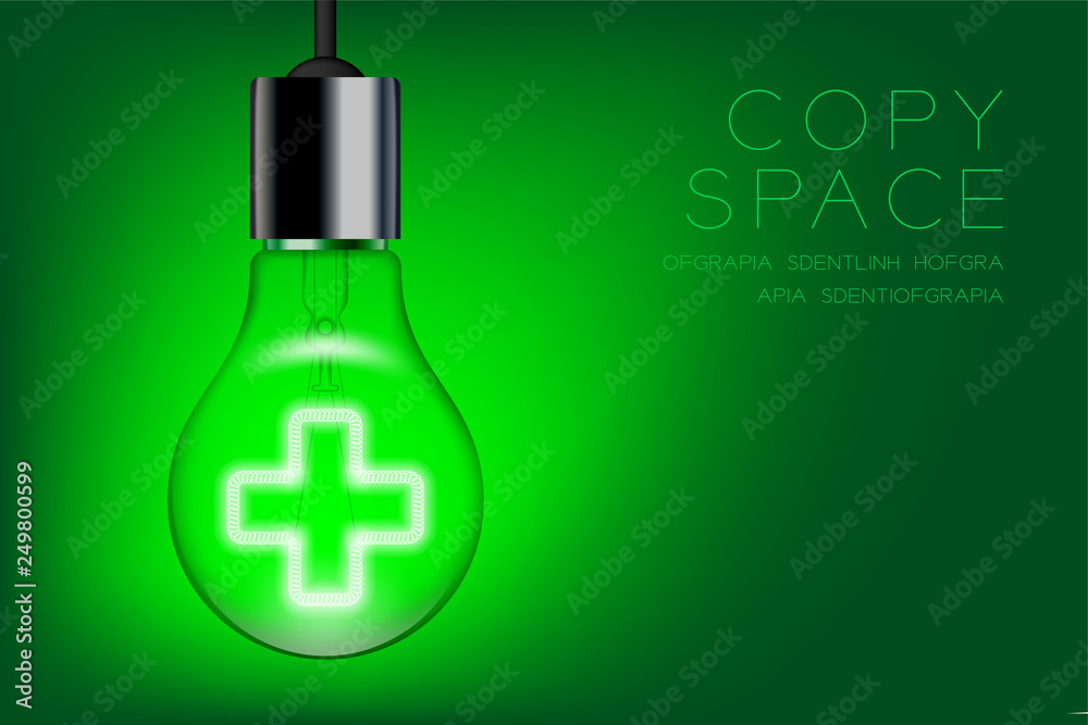 Wall mural Cross sign shape Incandescent light bulb switch on set Medical organization concept, illustration isolated glow in green gradient background, with copy space vector eps 10