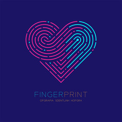 Heart pattern Fingerprint scan logo icon dash line, Love valentine concept, Editable stroke illustration pink and blue isolated on dark blue background with Fingerprint text and space, vector eps10 - 249800733