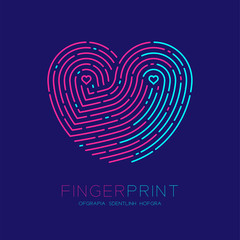 Heart pattern Fingerprint scan logo icon dash line, Love valentine concept, Editable stroke illustration pink and blue isolated on dark blue background with Fingerprint text and space, vector eps10