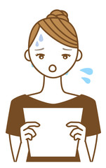 書類を見て焦る困り顔の若い女性のイラスト