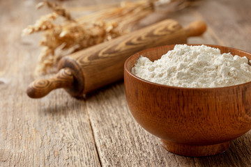 flour in a wooden bowl