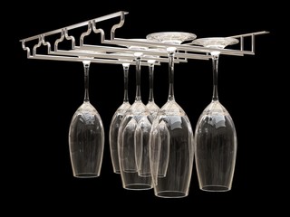 Wine glasses on the rack. Illustration on black background. 3d rendering.