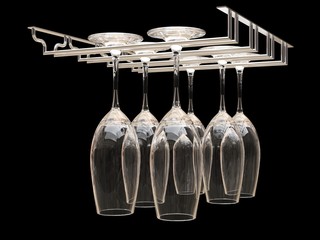 Wine glasses on the rack. Illustration on black background. 3d rendering.