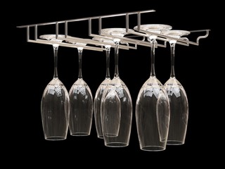 Wine glasses on the rack. Illustration on black background. 3d rendering.