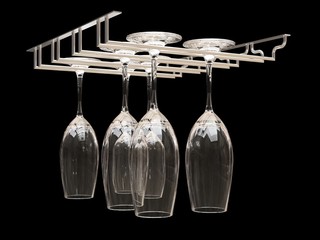 Wine glasses on the rack. Illustration on black background. 3d rendering.
