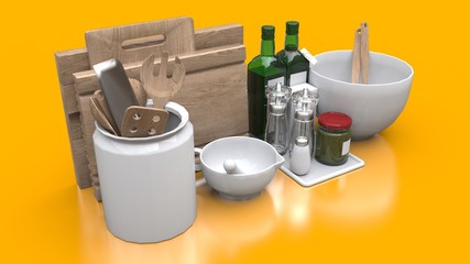 Kitchenware, oil and canned vegetables in a jar on a yellow background. 3d rendering.