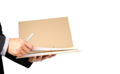 Businessman hold documents file to check on isolated background with clipping path.