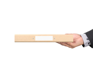 Businessman hold documents file to deliver on isolated background with clipping path.
