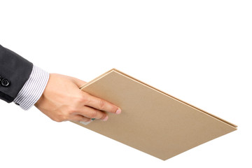 Businessman hold documents file to deliver on isolated background with clipping path.