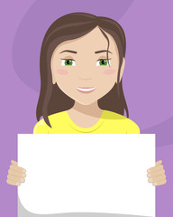 Vector flat illustration of a white woman with a placard in her hands. Racial diversity.