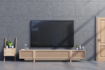 TV on Cabinet in modern empty room with concrete wall and floor, 3d rendering 