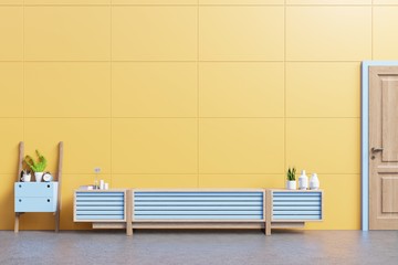 Cabinet mockup in modern living room with table,flower and plant on yellow wall background,3d rendering